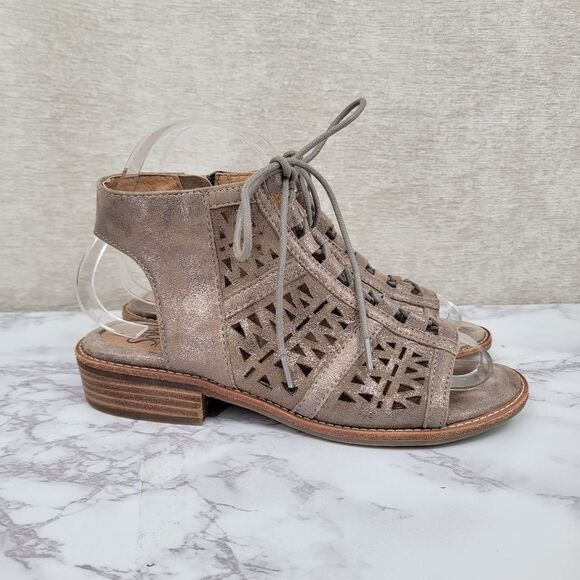 Sofft Nora Lace Up Sandal Metallic Taupe Suede Leather Women's Size 6 - Picture 1 of 12